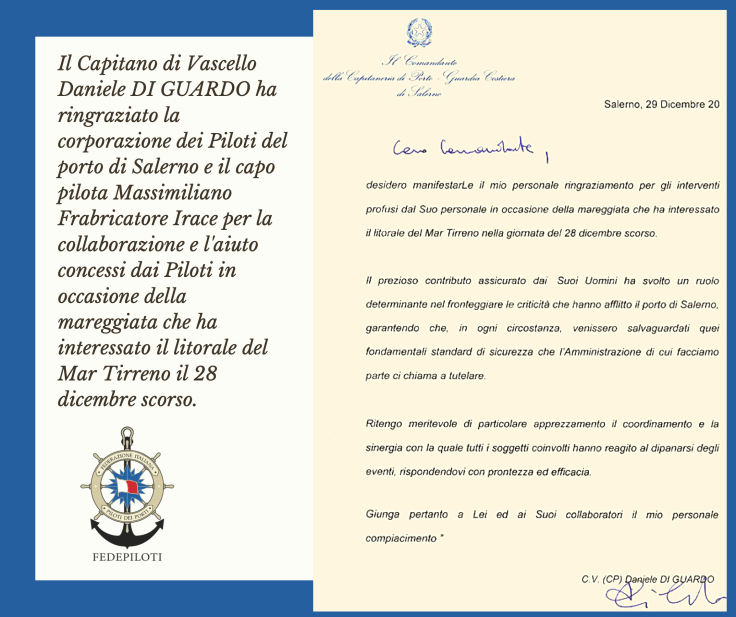 Il Comandante del Porto di Salerno, C.V. (CP) Daniele Di Guardo, ha ringraziato i nostri Piloti